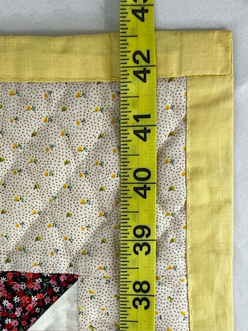 Vintage Spool Lap Quilt 40x42 Handmade, Yellow Border, Cotton